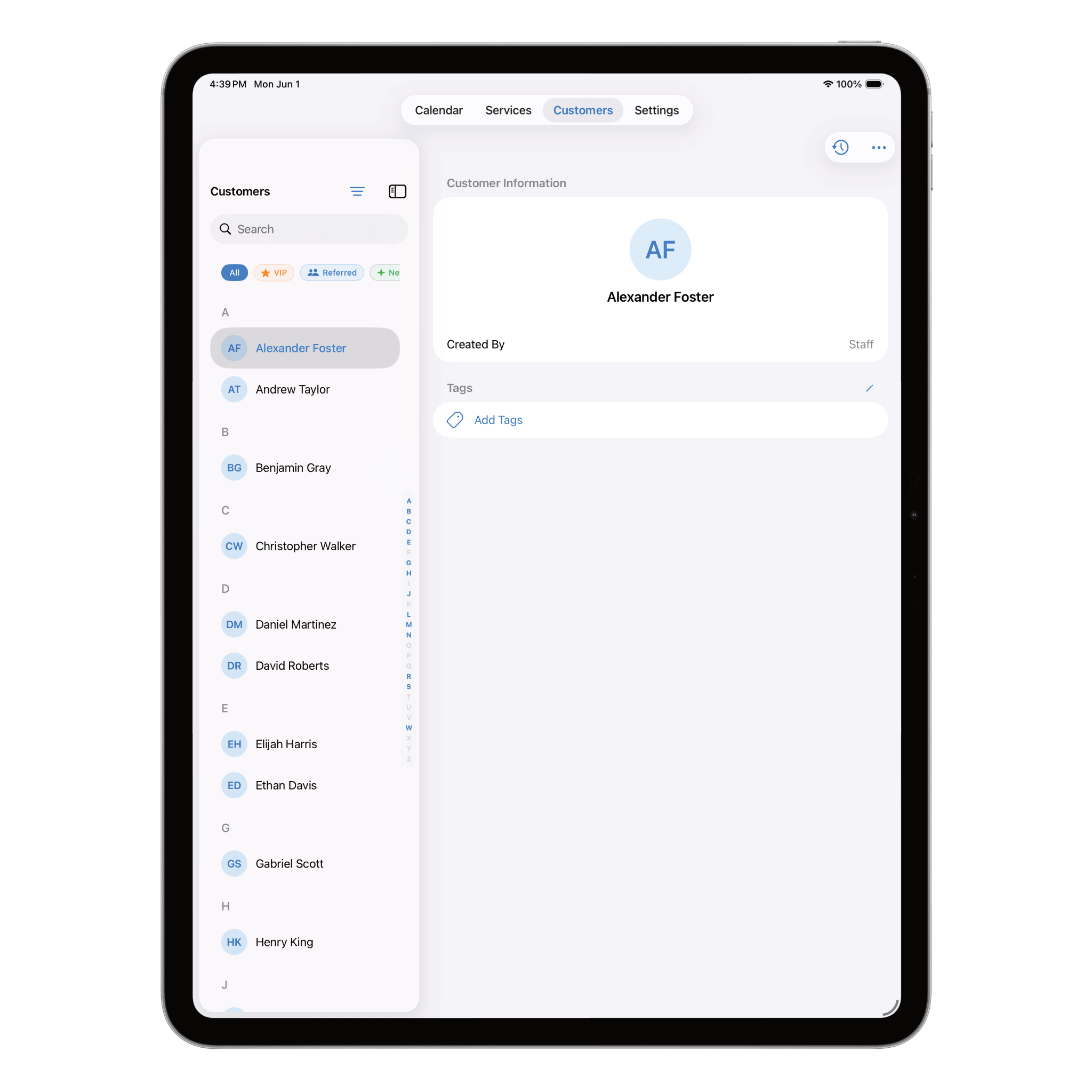 Nextil client profile view on iPad