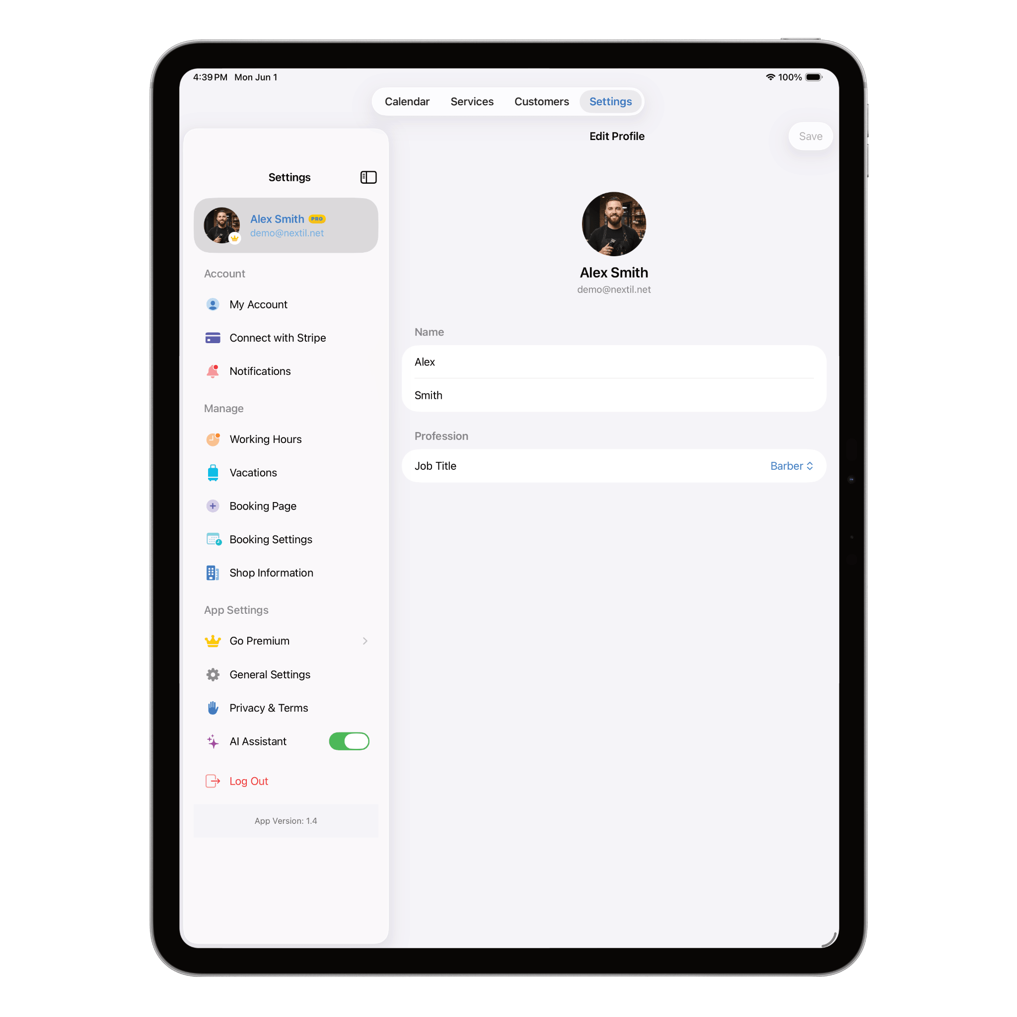 Nextil settings screen on iPad